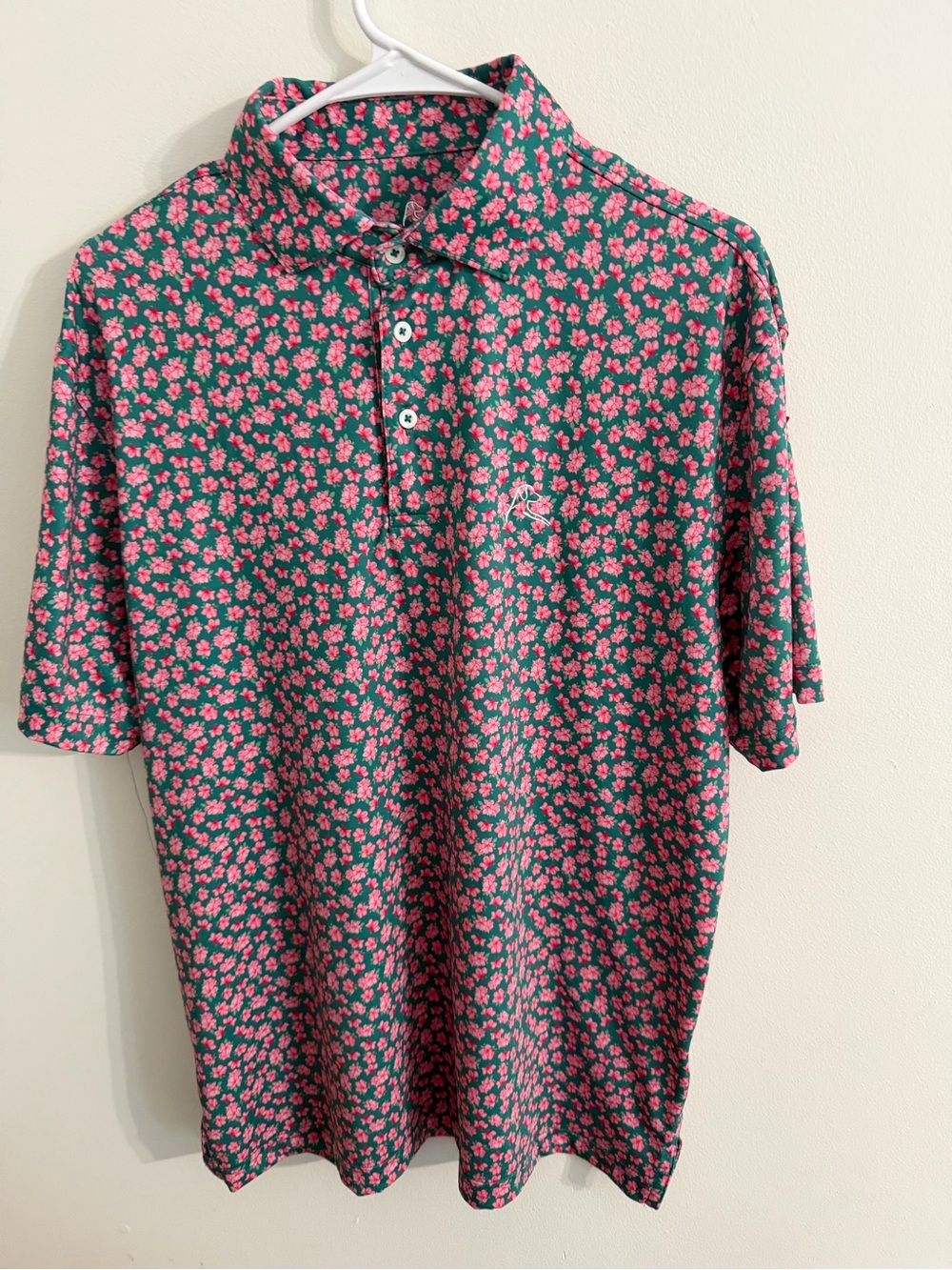 Rhoback The Azalea Mens Performance Golf Polo Shirt Green Pink Floral Size M